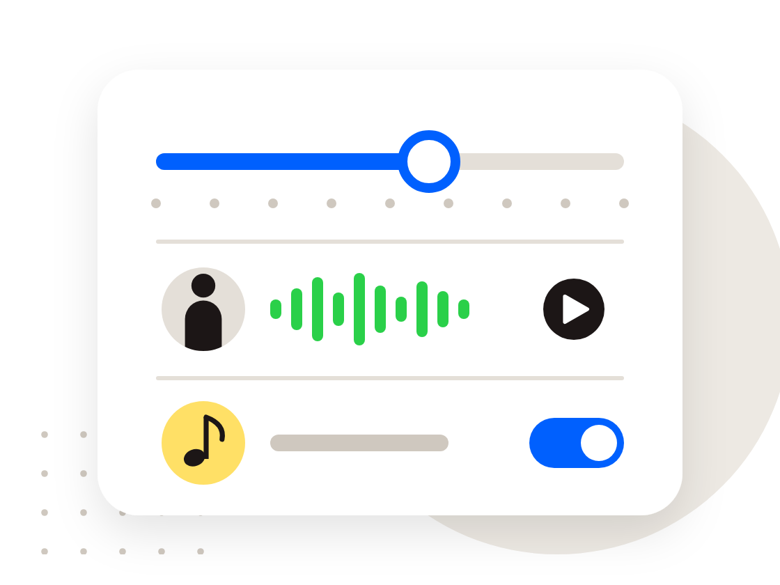 A settings panel with a length slider, a narrator sample and a music switch